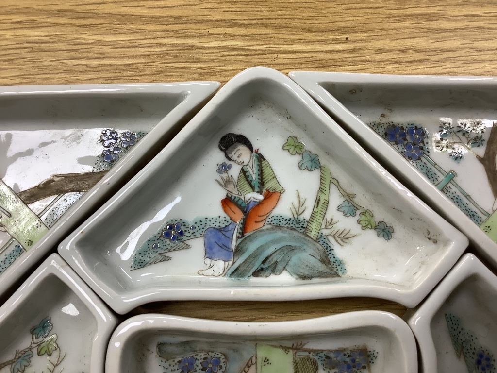 A Chinese famille rose nine piece supper set